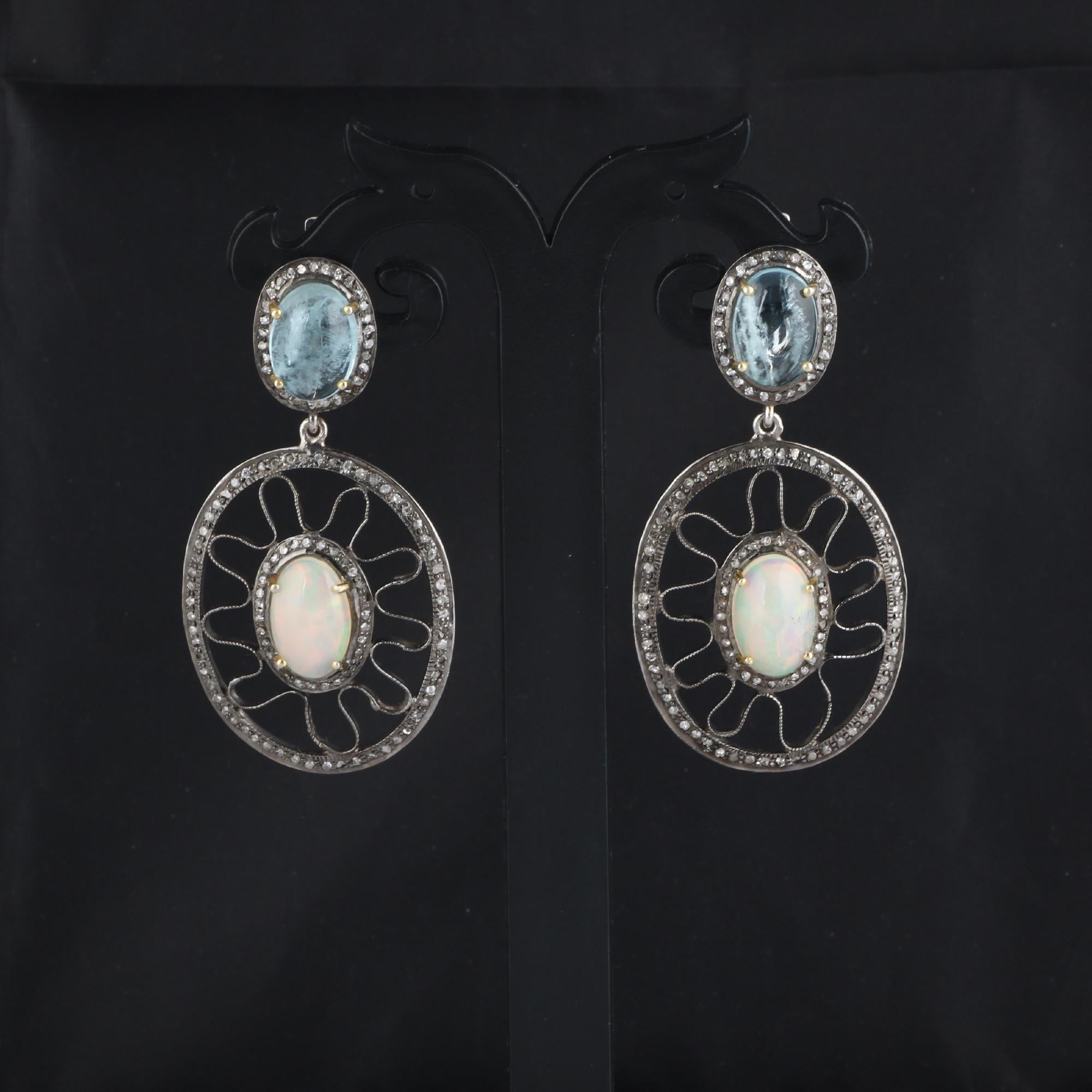 Round Cut Victorian Style Diamond & Aquamarine, Opal Gemstone Silver Dangle Earrings For Sale