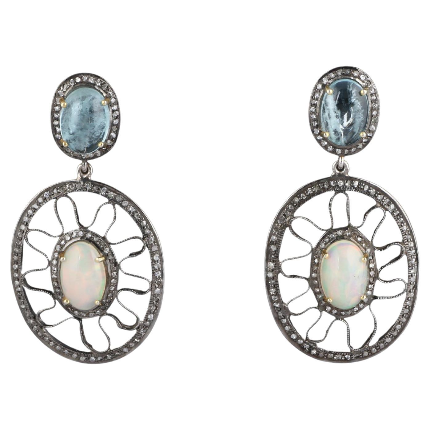 Victorian Style Diamond & Aquamarine, Opal Gemstone Silver Dangle Earrings
