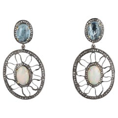 Victorian Style Diamond & Aquamarine, Opal Gemstone Silver Dangle Earrings