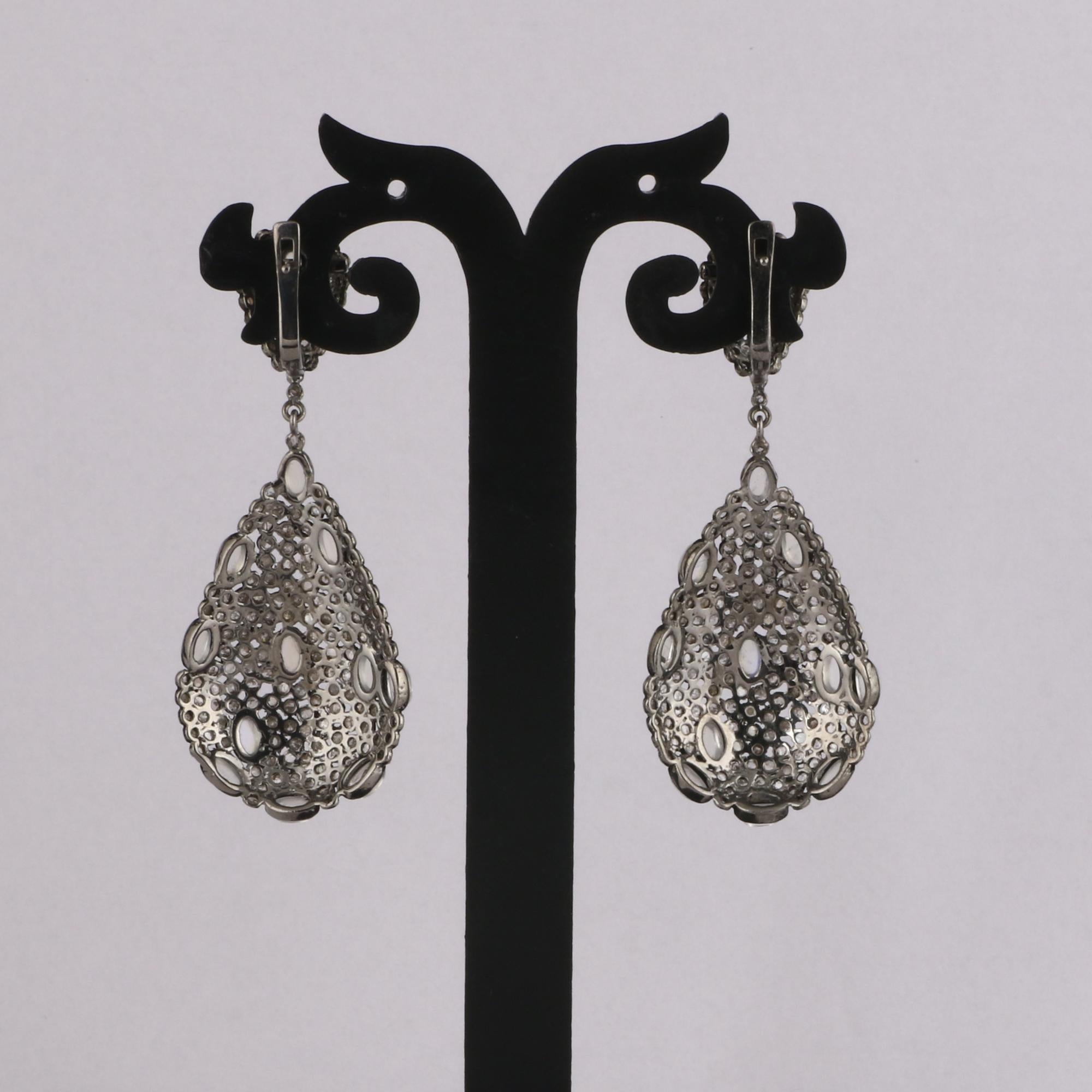 Round Cut Victorian Style Diamond & Blue Moonstone Wedding Silver Dangle Earrings For Sale