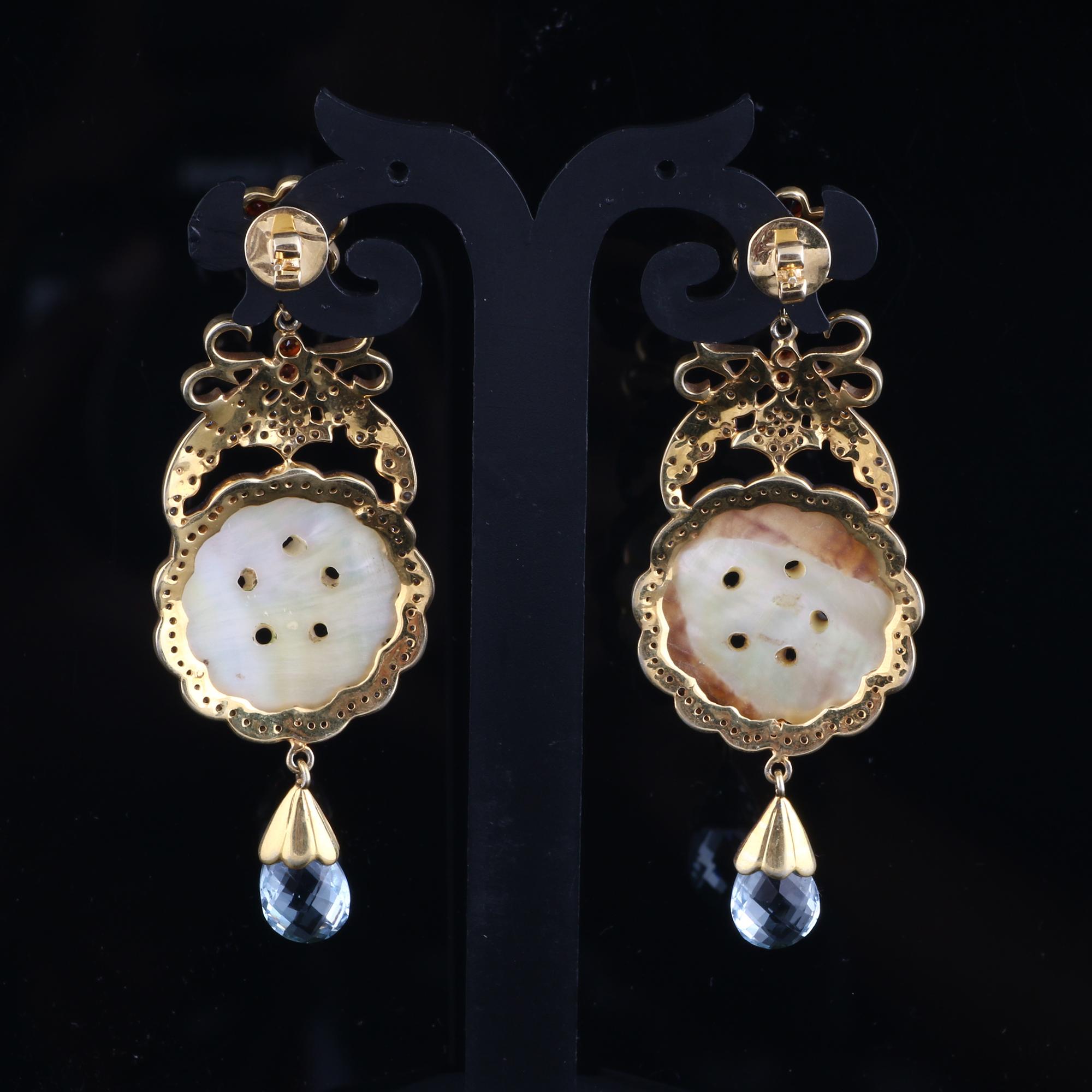 Victorien Pendants d'oreilles de style victorien en argent avec diamant, topaze bleue, grenat et MOP en vente