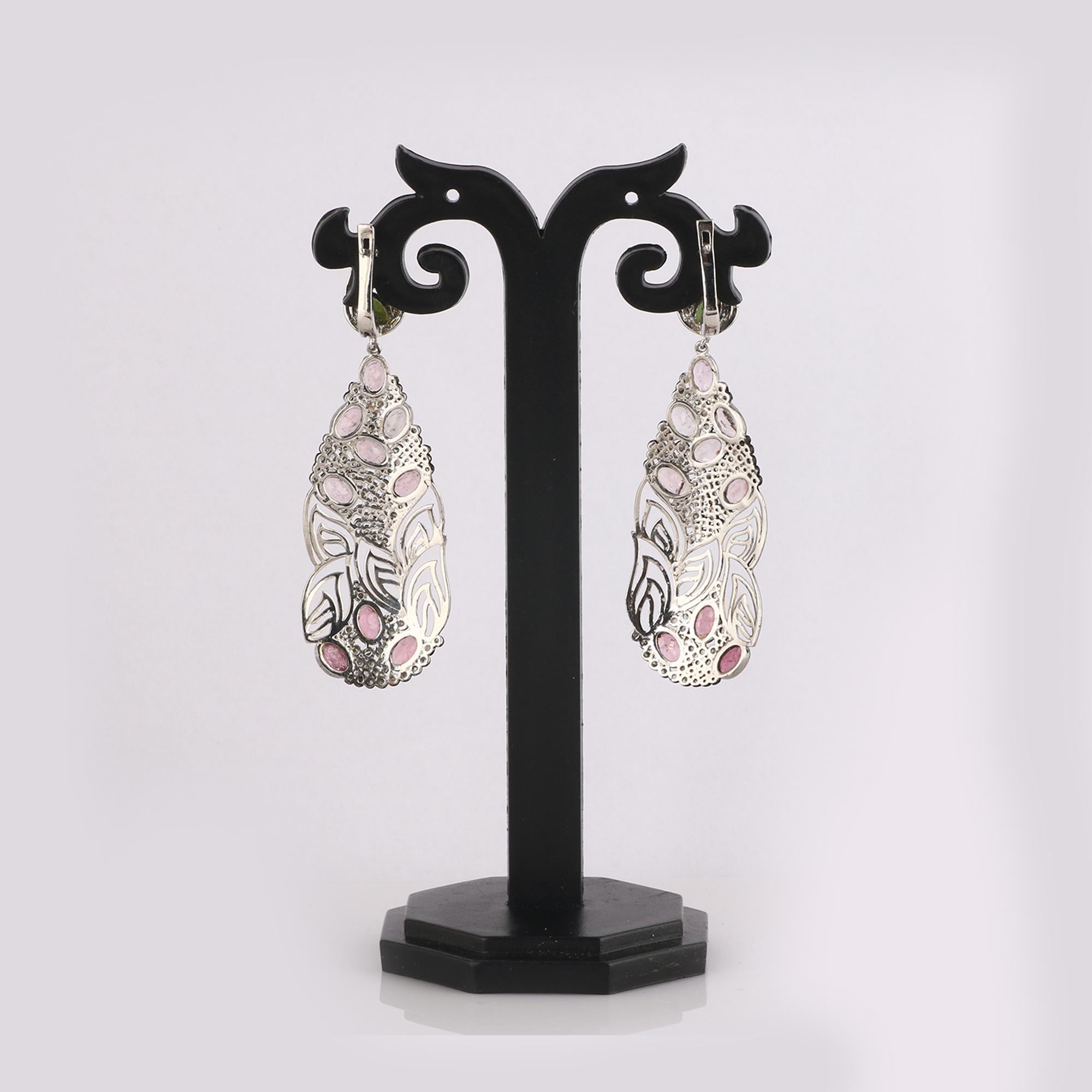 Round Cut Victorian Style Diamond Chrome Diopside & Rose Quartz Silver Dangle Earrings For Sale