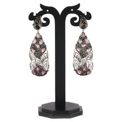 Pendientes colgantes de plata de estilo victoriano con diamantes, diópsido de cromo y cuarzo rosa