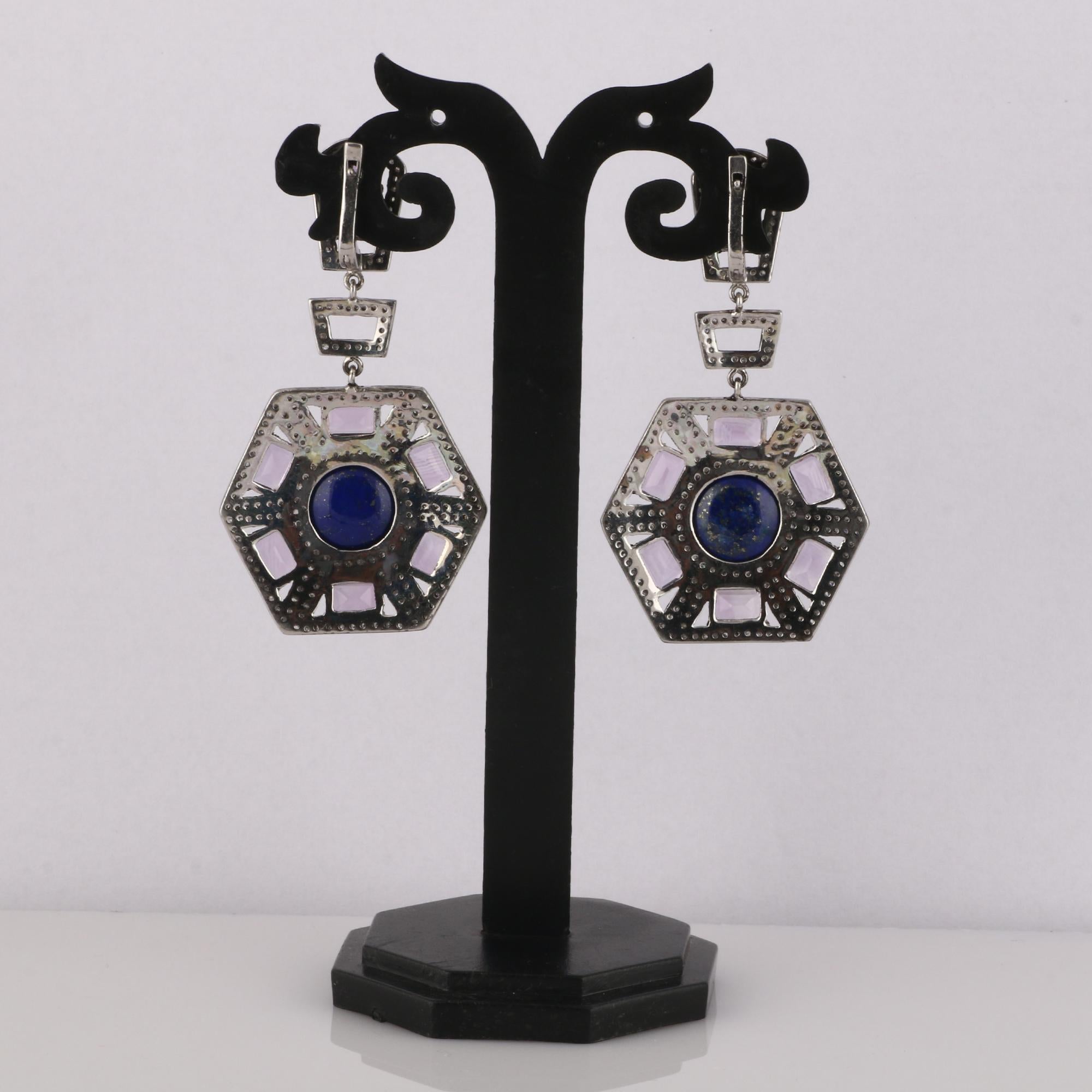 Round Cut Victorian Style Diamond, Lapis Lazuli & Amethyst Silver Dangle Earrings For Sale
