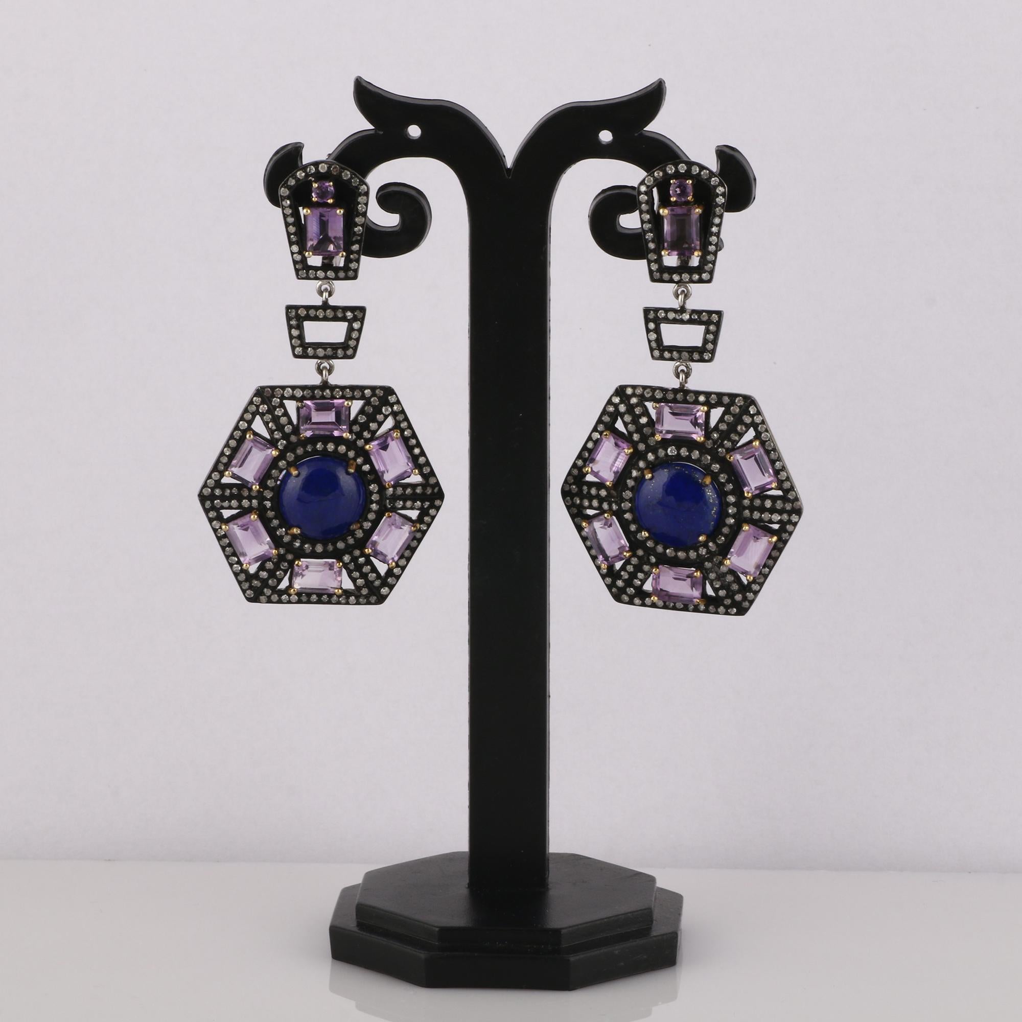 Victorian Style Diamond, Lapis Lazuli & Amethyst Silver Dangle Earrings In New Condition For Sale In Jaipur, RJ