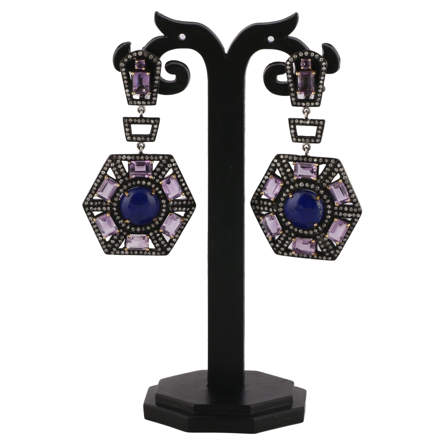 Victorian Style Diamond, Lapis Lazuli & Amethyst Silver Dangle Earrings