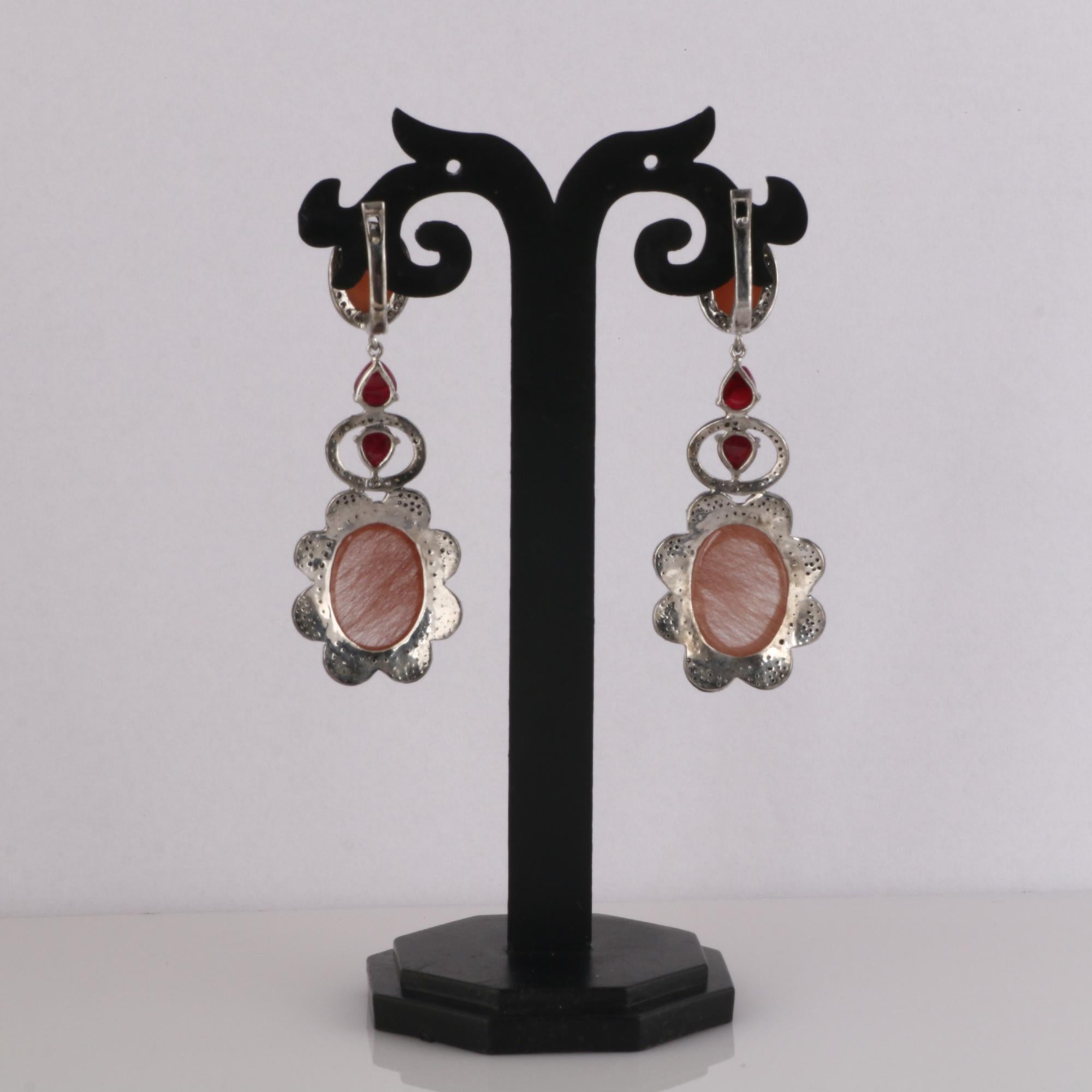 Round Cut Victorian Style Diamond Moonstone & Rubellite Silver Dangle Earrings For Sale
