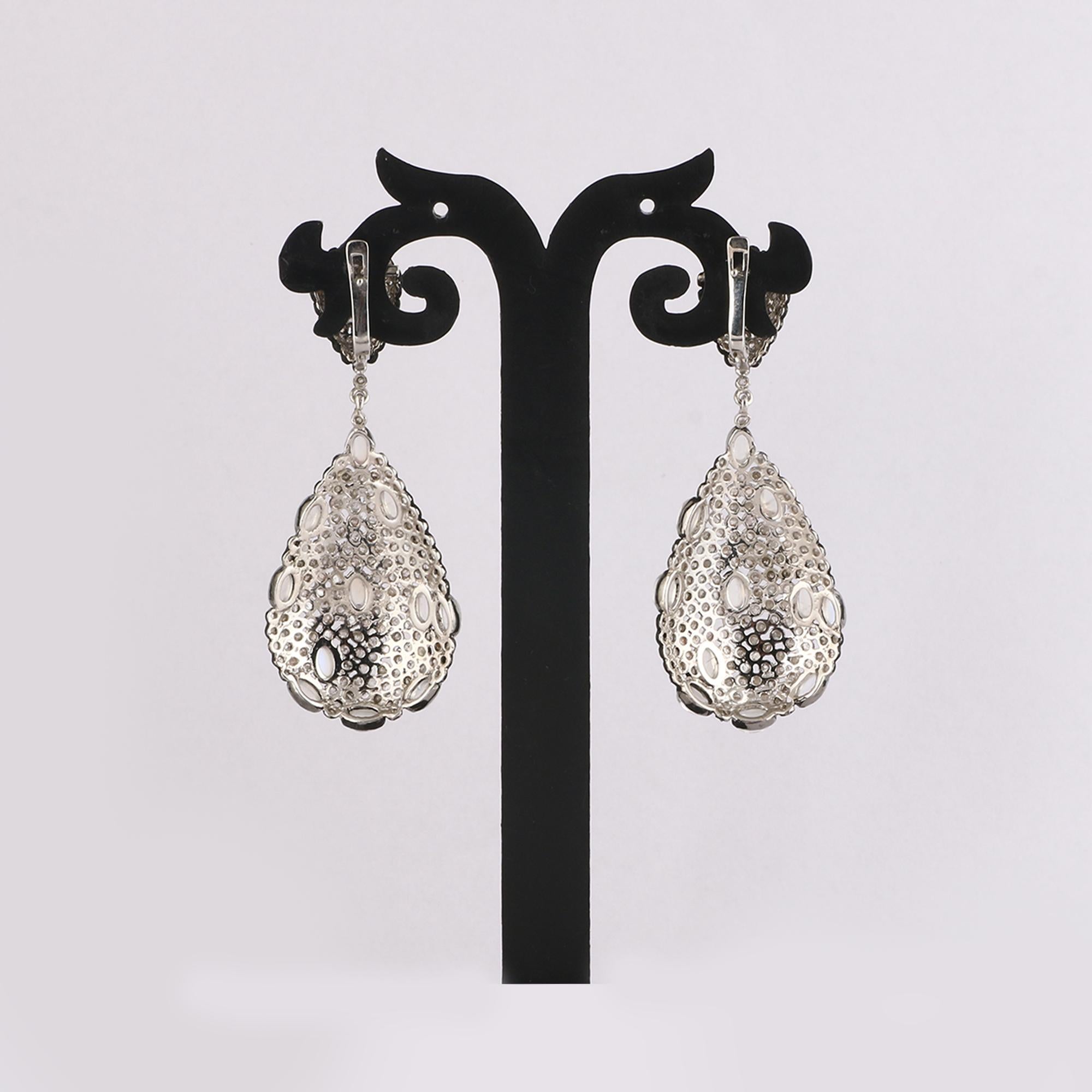 Round Cut Victorian Style Diamond & Moonstone Silver Anniversary Dangle Earrings, 38X26 For Sale