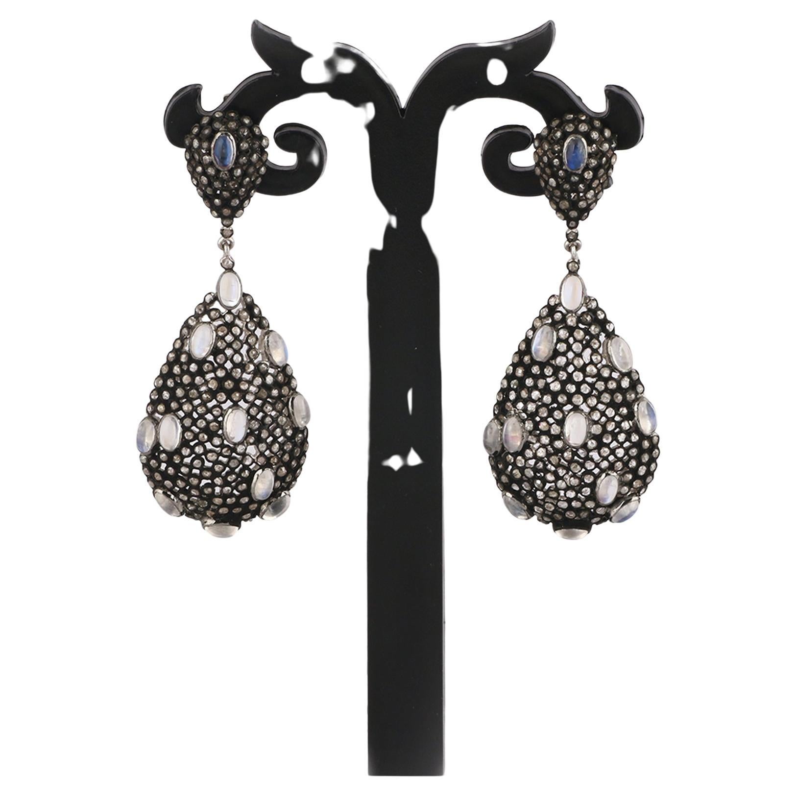 Victorian Style Diamond & Moonstone Silver Anniversary Dangle Earrings, 38X26 For Sale