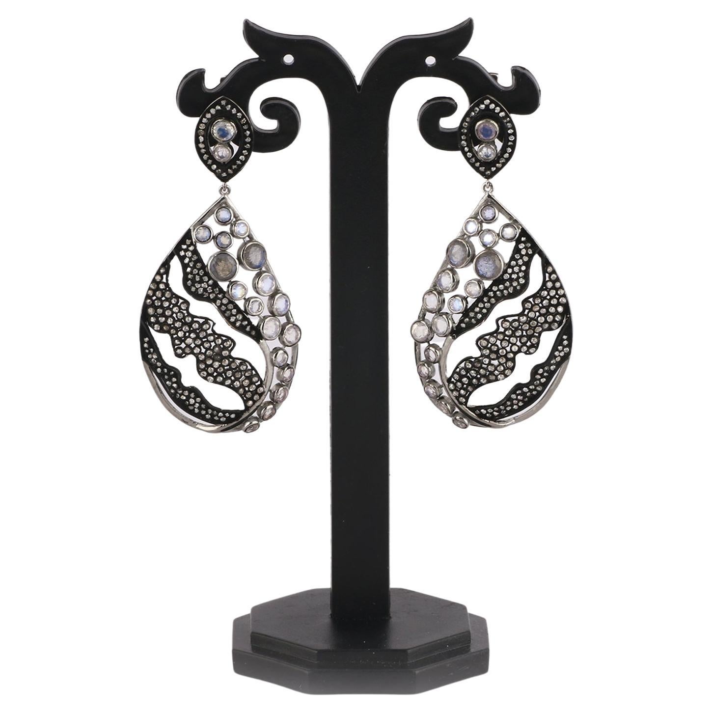 Victorian Style Diamond & Moonstone Silver Anniversary Dangle Earrings