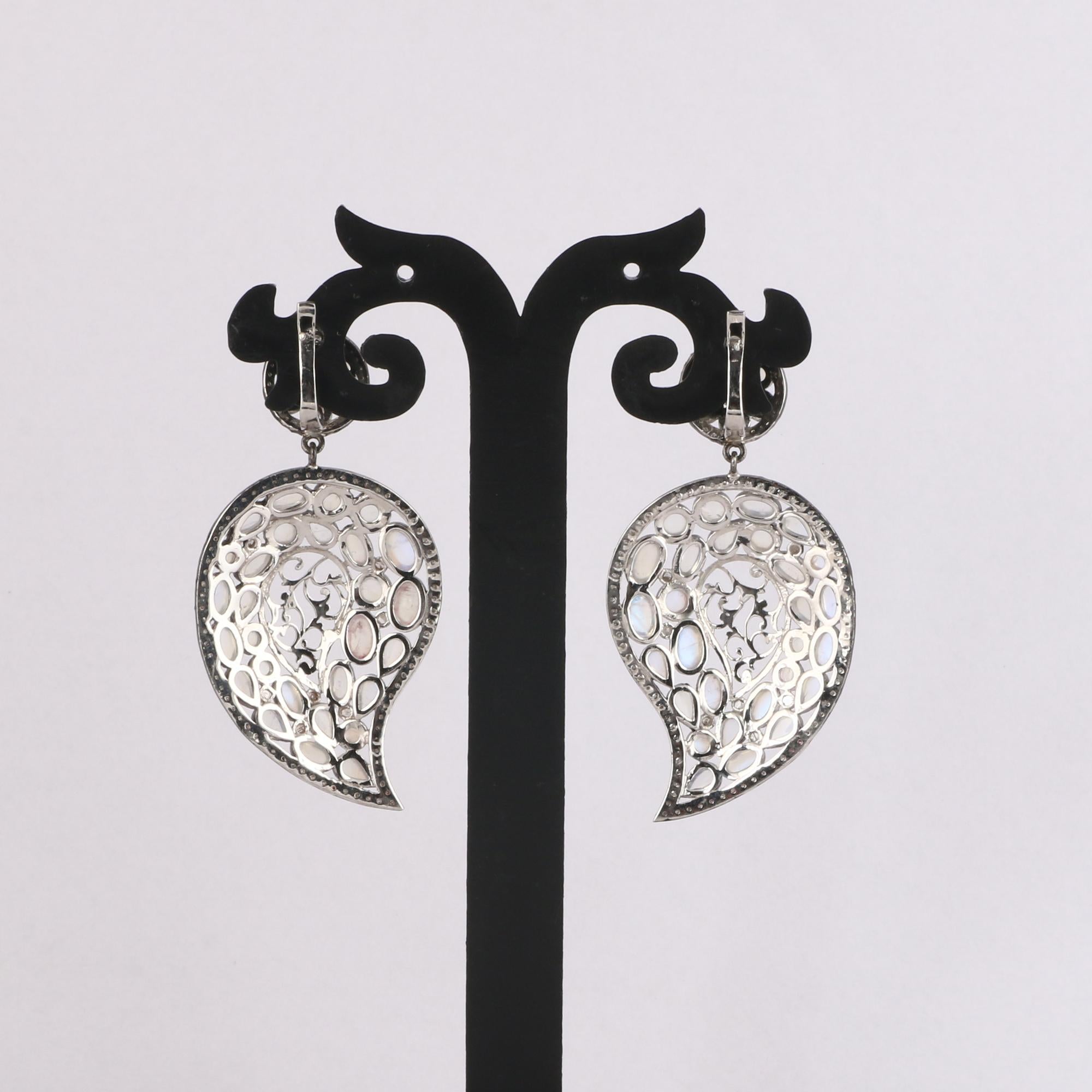 Round Cut Victorian Style Diamond & Moonstone Silver Paisley Dangle Earrings For Sale