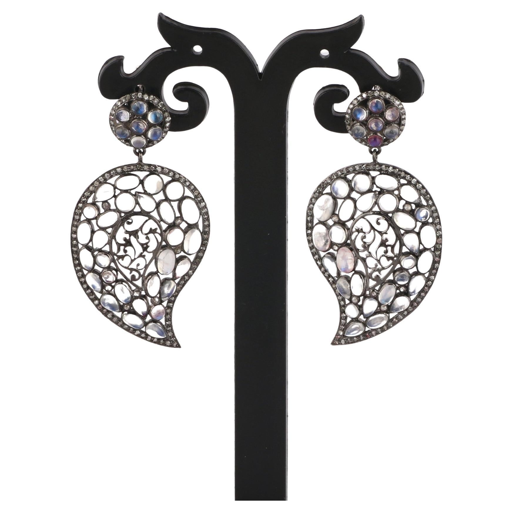Victorian Style Diamond & Moonstone Silver Paisley Dangle Earrings For Sale