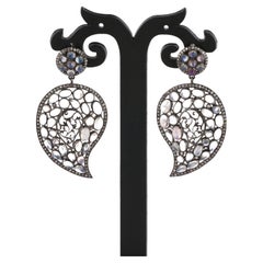 Victorian Style Diamond & Moonstone Silver Paisley Dangle Earrings