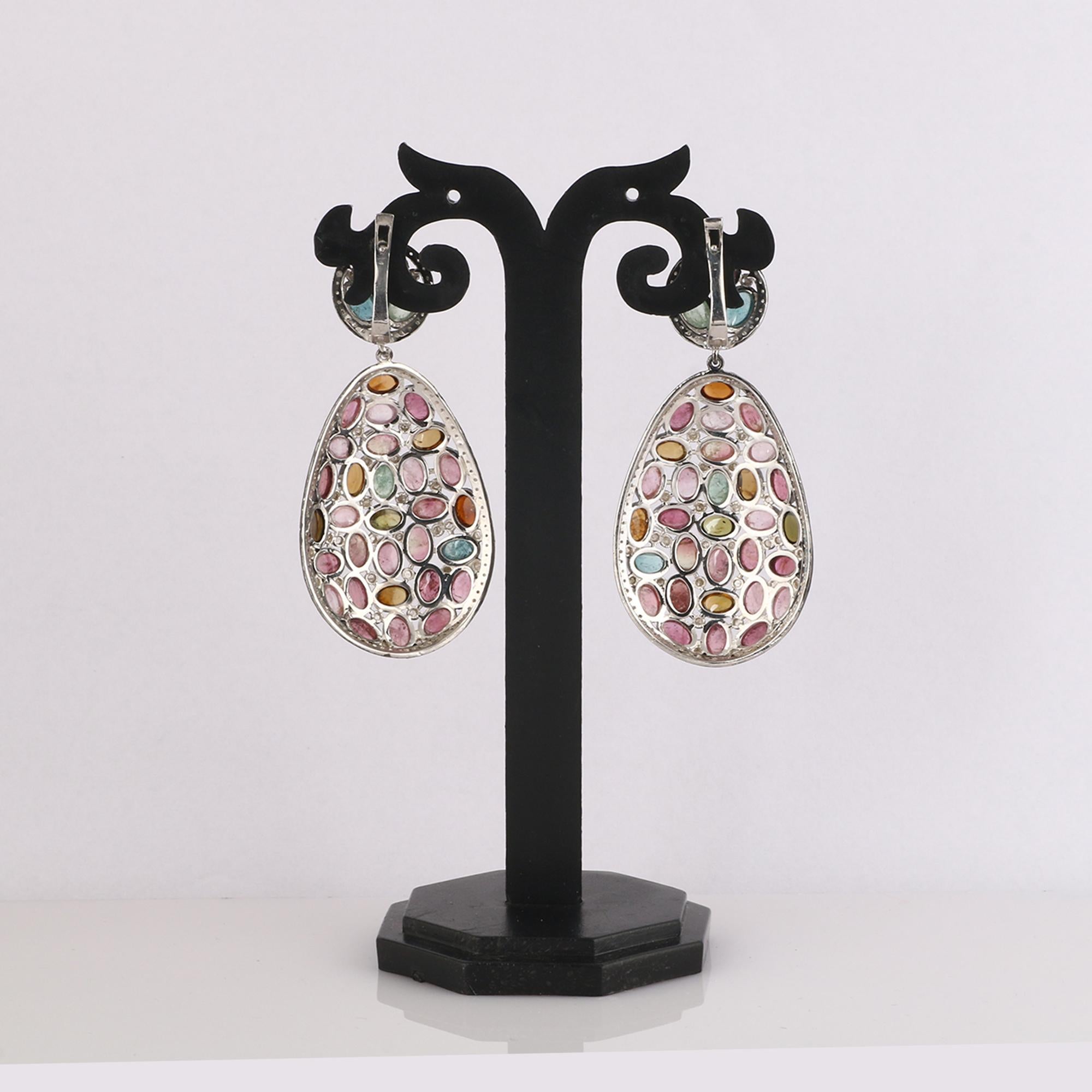 Victorien Boucles d'oreilles pendantes en argent avec diamant et tourmaline multicolore de style victorien en vente