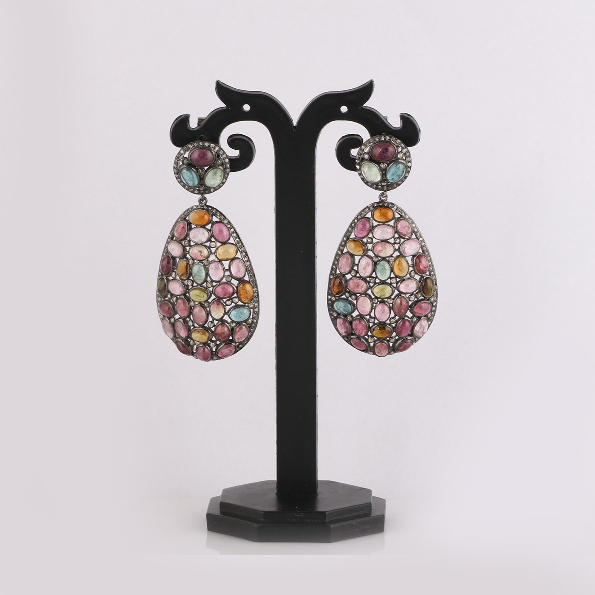 Taille ronde Boucles d'oreilles pendantes en argent avec diamant et tourmaline multicolore de style victorien en vente