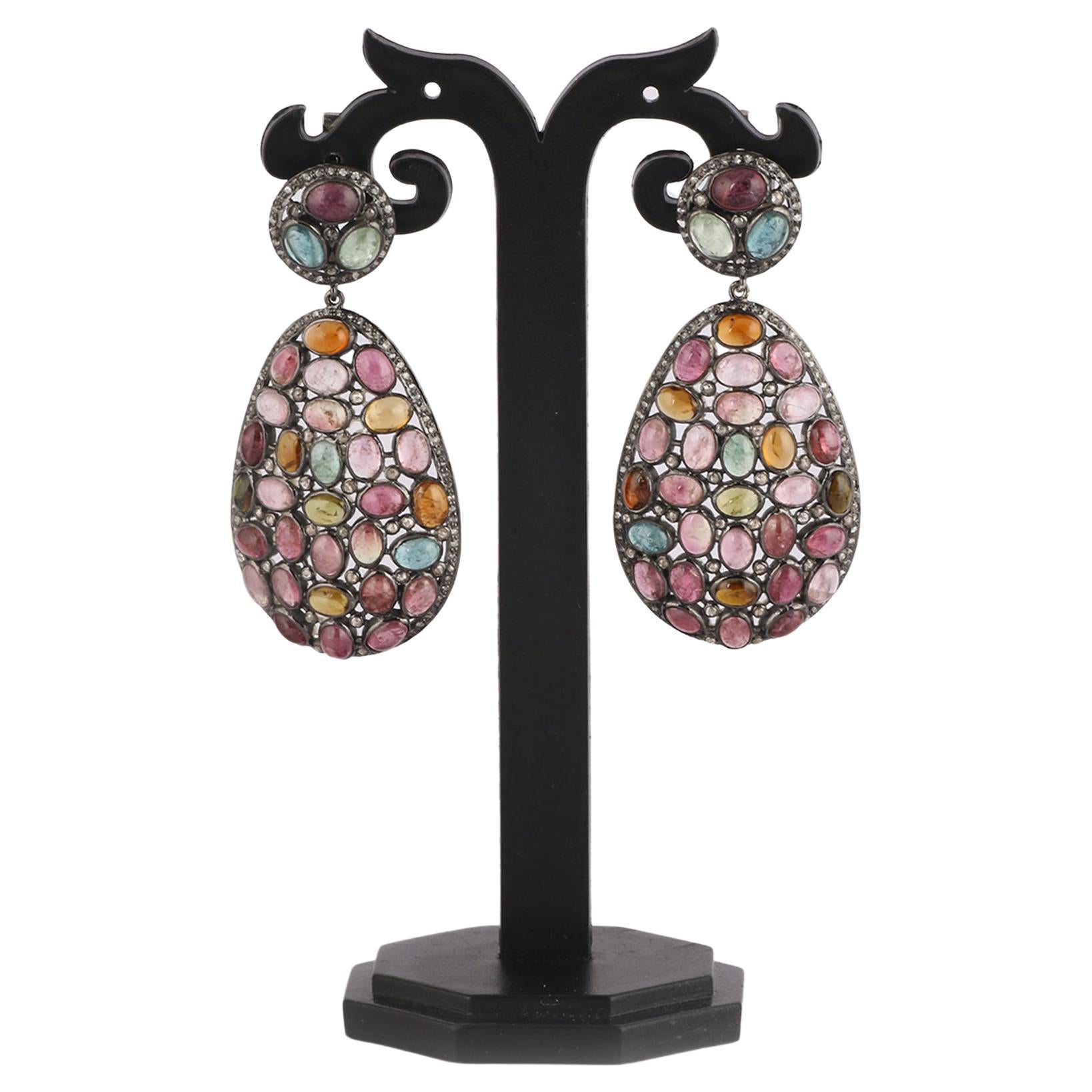 Victorian Style Diamond Multi Color Tourmaline Silver Dangle Earrings