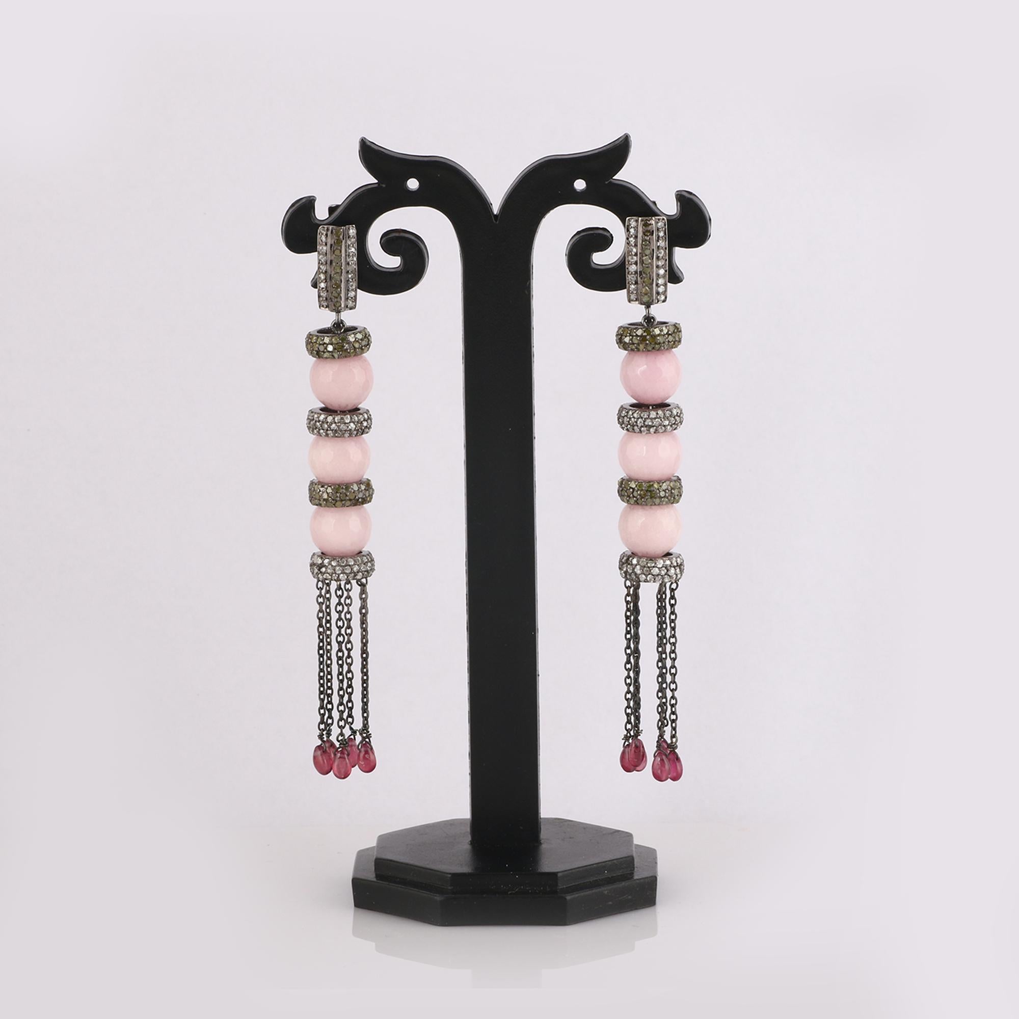 Victorian Style Diamond Opal & Tourmaline Silver Dangle Earrings In New Condition For Sale In Jaipur, RJ