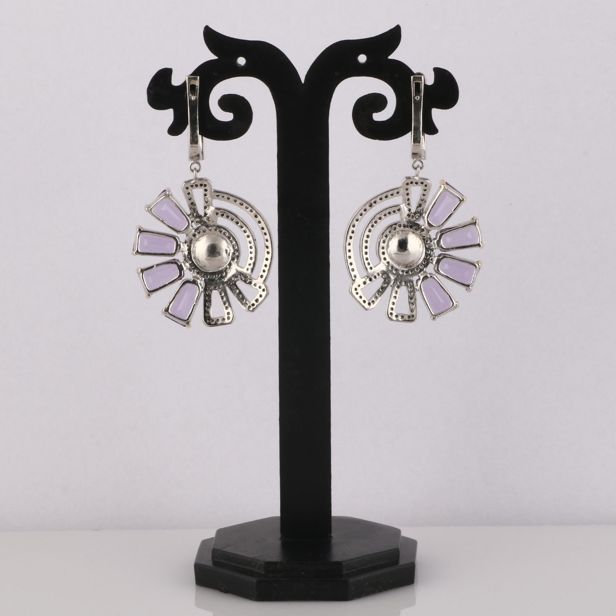 Round Cut Victorian Style Diamond & Purple Amethyst Silver Dangle Earrings For Sale