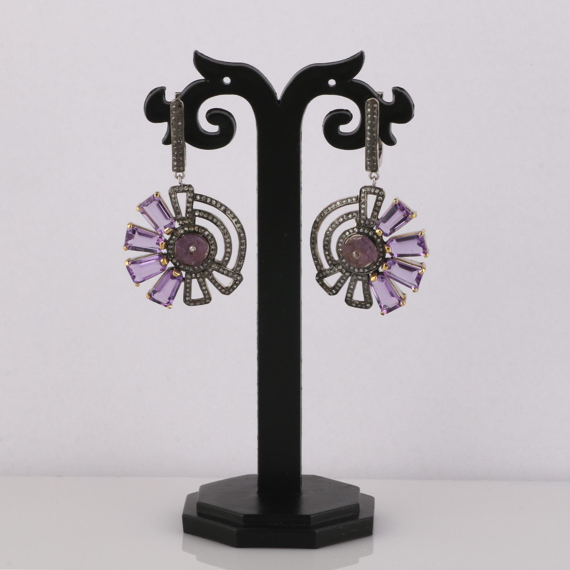 Victorian Style Diamond & Purple Amethyst Silver Dangle Earrings In New Condition For Sale In Jaipur, RJ