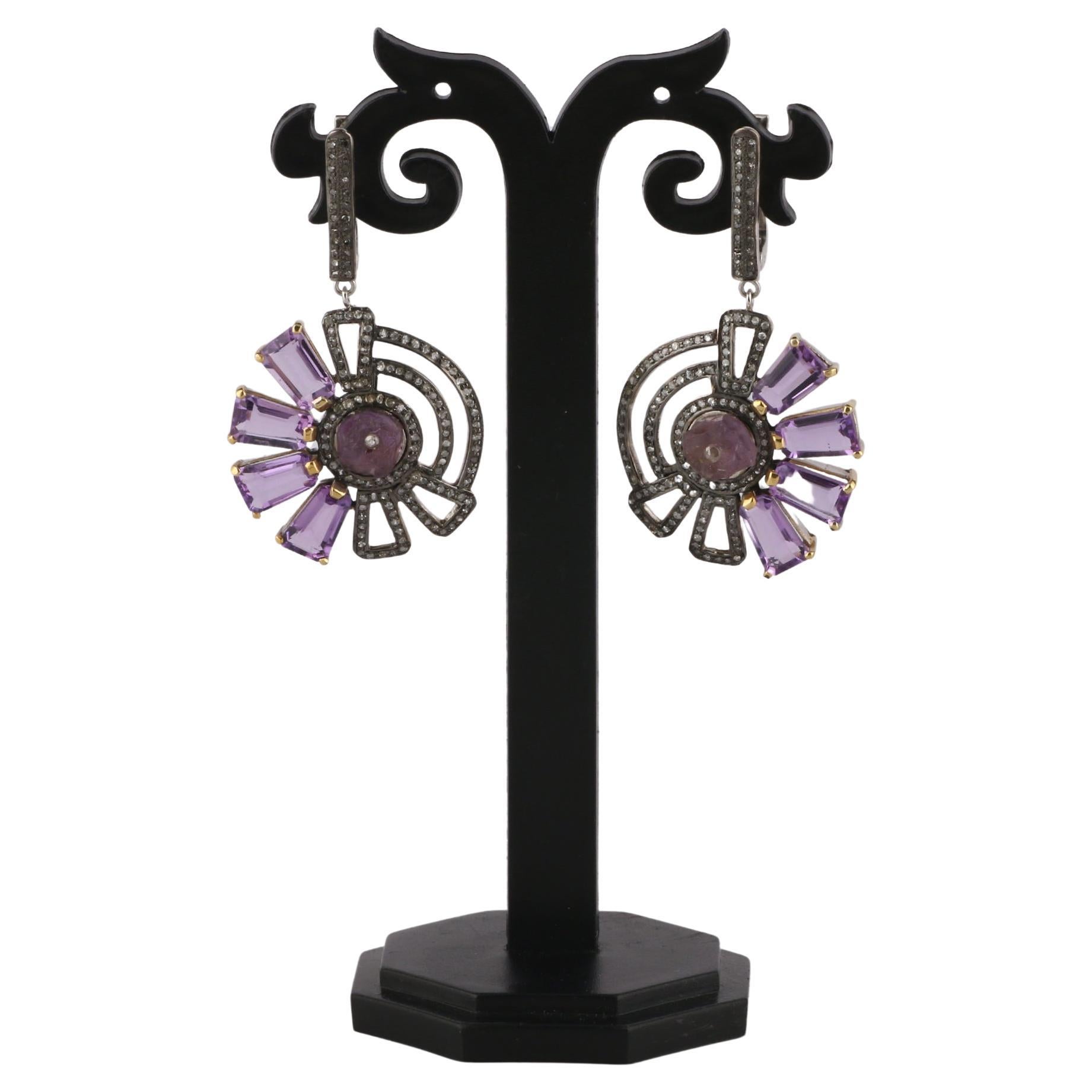Victorian Style Diamond & Purple Amethyst Silver Dangle Earrings For Sale