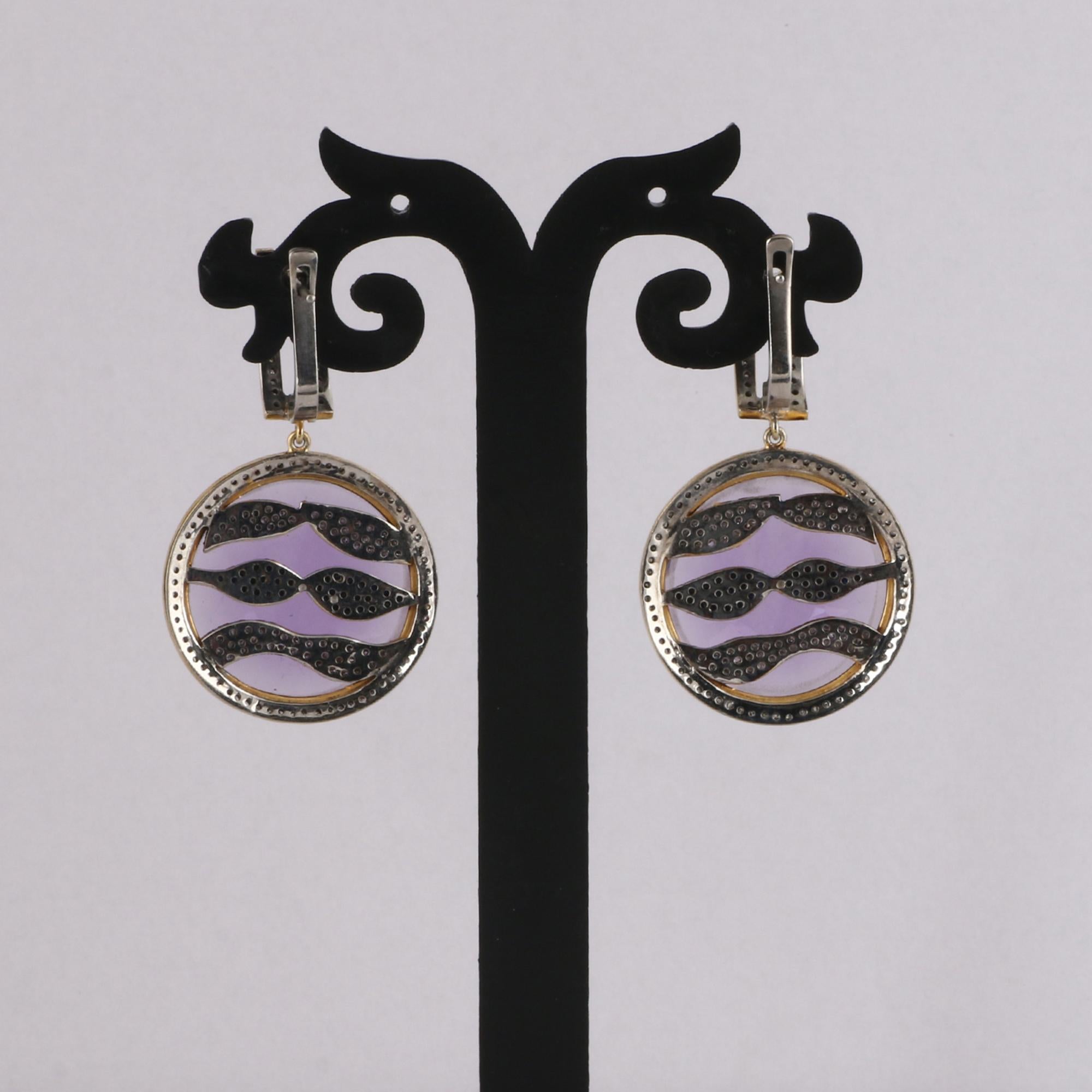 Round Cut Victorian Style Diamond & Purple Amethyst Silver Round Dangle Earrings For Sale