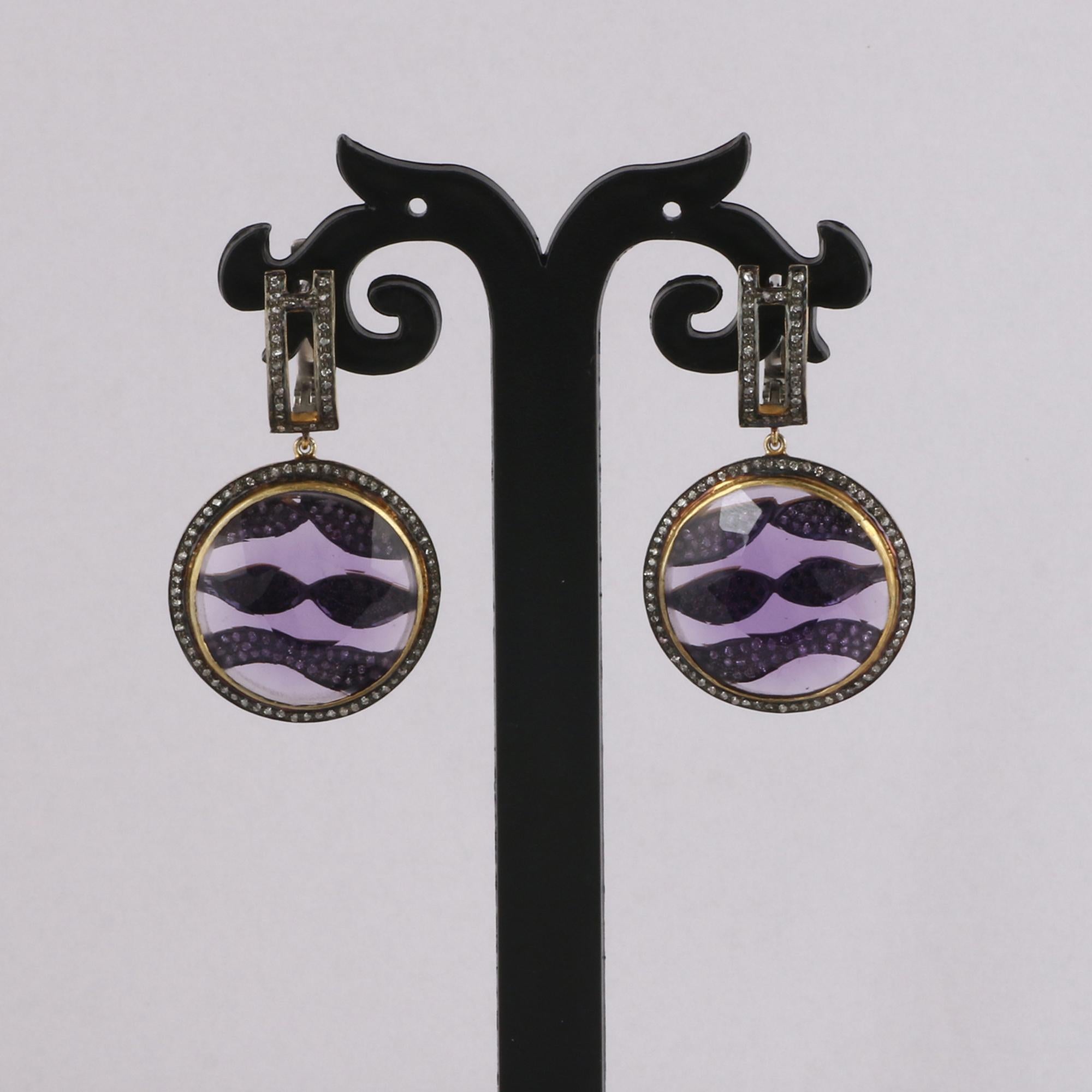 Victorian Style Diamond & Purple Amethyst Silver Round Dangle Earrings In New Condition For Sale In Jaipur, RJ