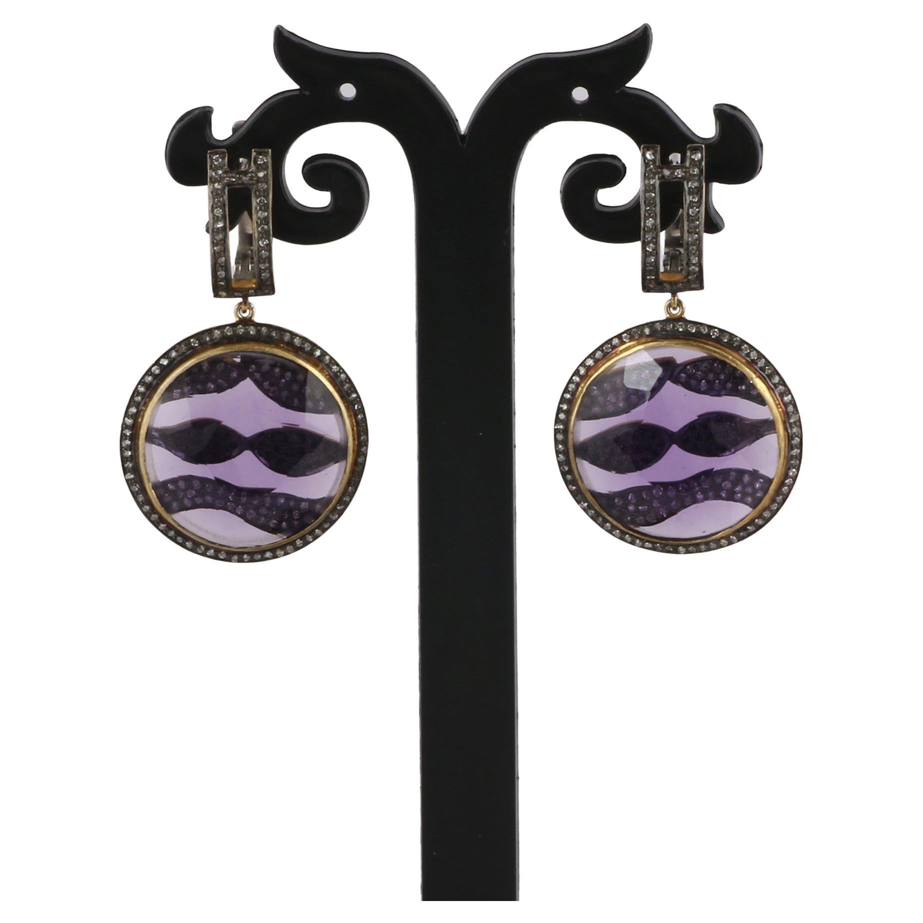 Victorian Style Diamond & Purple Amethyst Silver Round Dangle Earrings For Sale