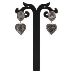Victorian Style Diamond & Rose Quartz Heart Shape Silver Dangle Earrings
