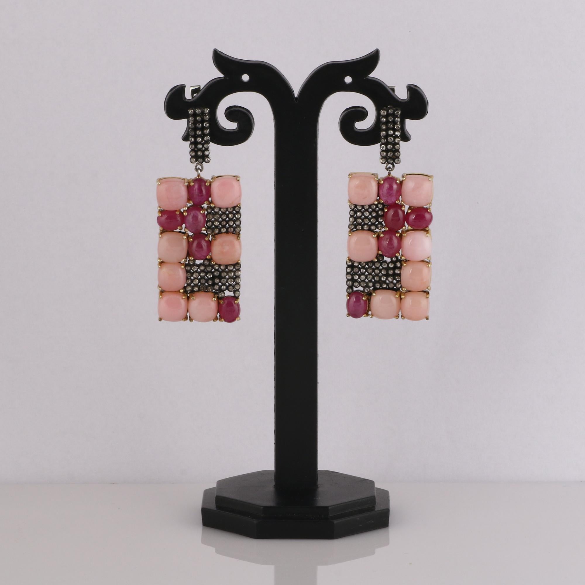 Victorian Style Diamond & Rubellite Opal Colorful Silver Dangle Earrings In New Condition For Sale In Jaipur, RJ