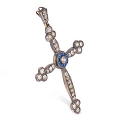 Victorian style diamond sapphire platinum 14k rose gold cross pendant