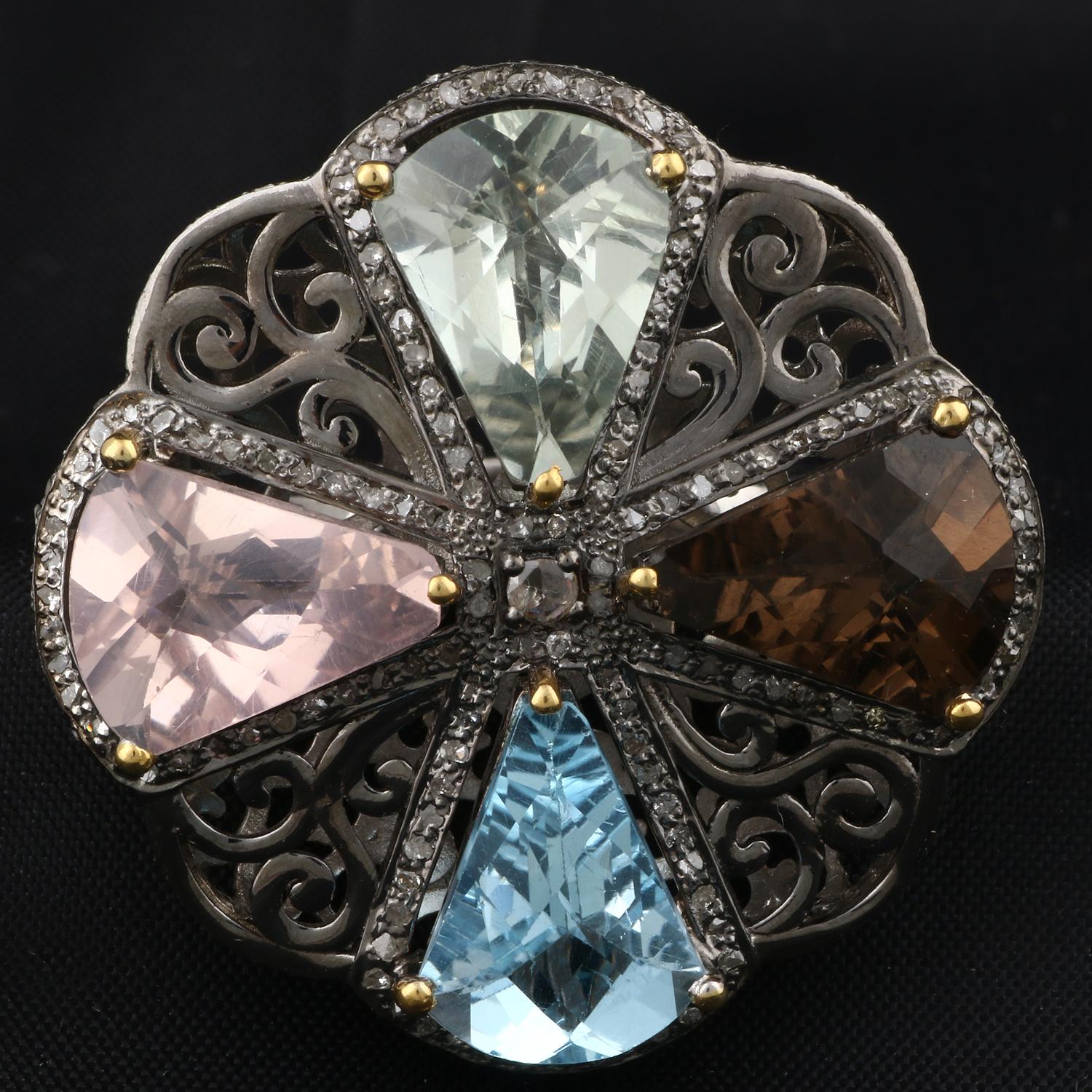 Round Cut Victorian Style Diamond Silver Blue Topaz Multicolor Quartz Cocktail Ring For Sale