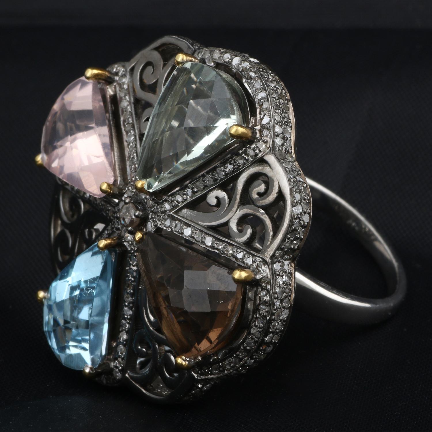 Women's Victorian Style Diamond Silver Blue Topaz Multicolor Quartz Cocktail Ring For Sale