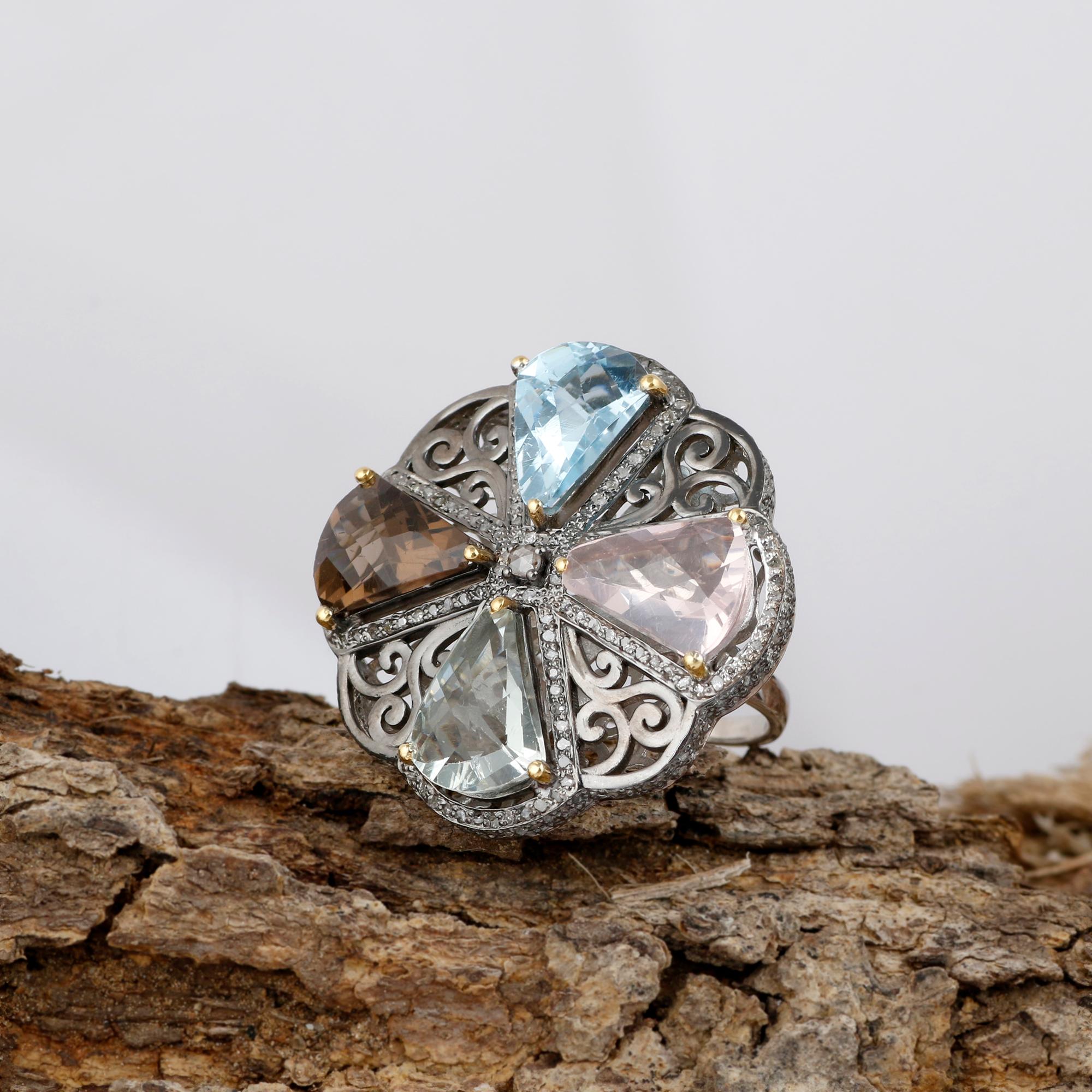 Victorian Style Diamond Silver Blue Topaz Multicolor Quartz Cocktail Ring For Sale 2