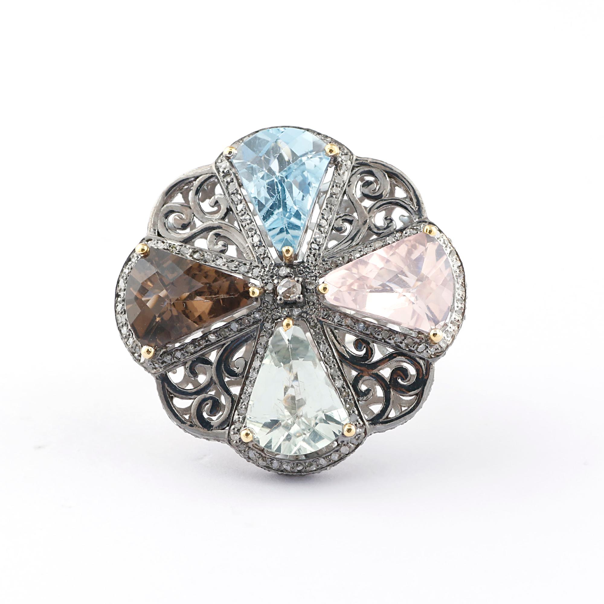 Victorian Style Diamond Silver Blue Topaz Multicolor Quartz Cocktail Ring For Sale 4