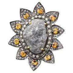 Victorian Style Diamond Silver Citrine Gemstone Flower Shape Cocktail Ring