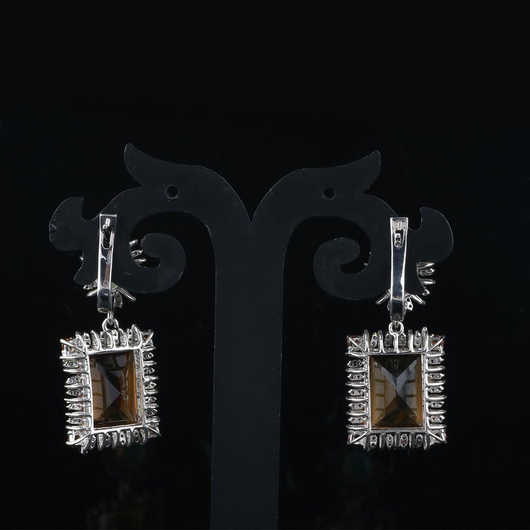 Round Cut Victorian Style Diamond Silver Earrings, Opal Champagne Quartz Dangle Earrings For Sale