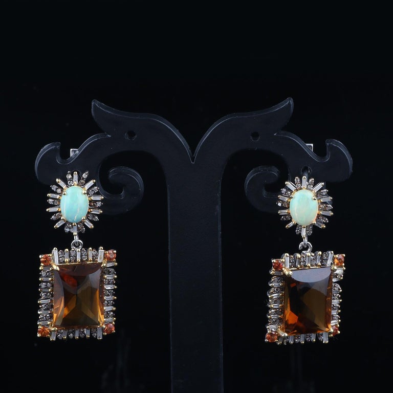 Victorian Style Diamond Silver Earrings, Opal Champagne Quartz Dangle Earrings In New Condition For Sale In Jaipur, RJ