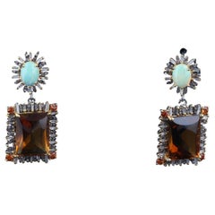 Victorian Style Diamond Silver Earrings, Opal Champagne Quartz Dangle Earrings