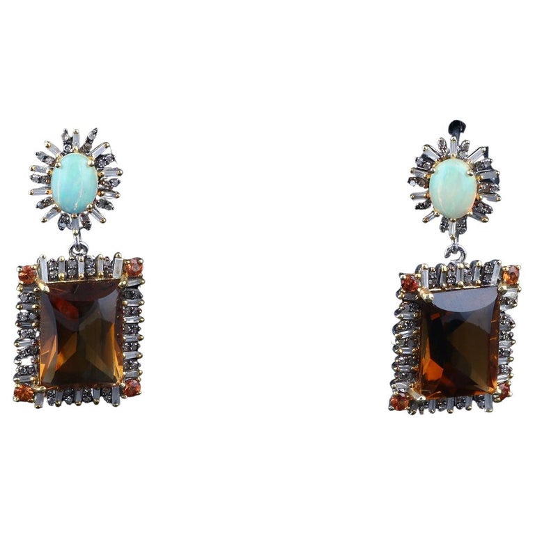 Victorian Style Diamond Silver Earrings, Opal Champagne Quartz Dangle Earrings For Sale