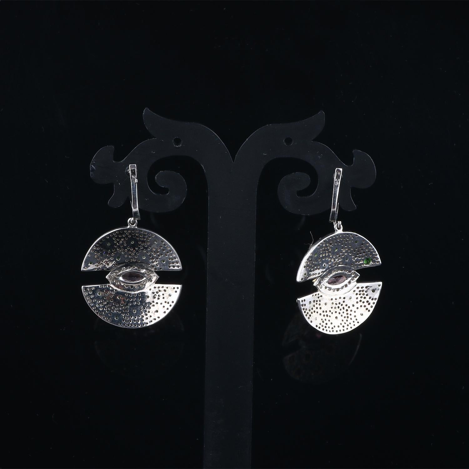 Round Cut Victorian Style Diamond Silver Earrings, Quartz, Chrome Diopside Dangle Earrings For Sale