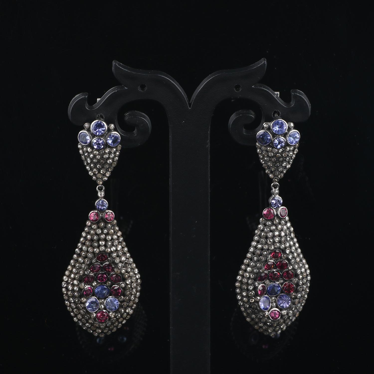 Round Cut Victorian Style Diamond Silver Earrings, Tanzanite & Tourmaline Dangle Earrings For Sale