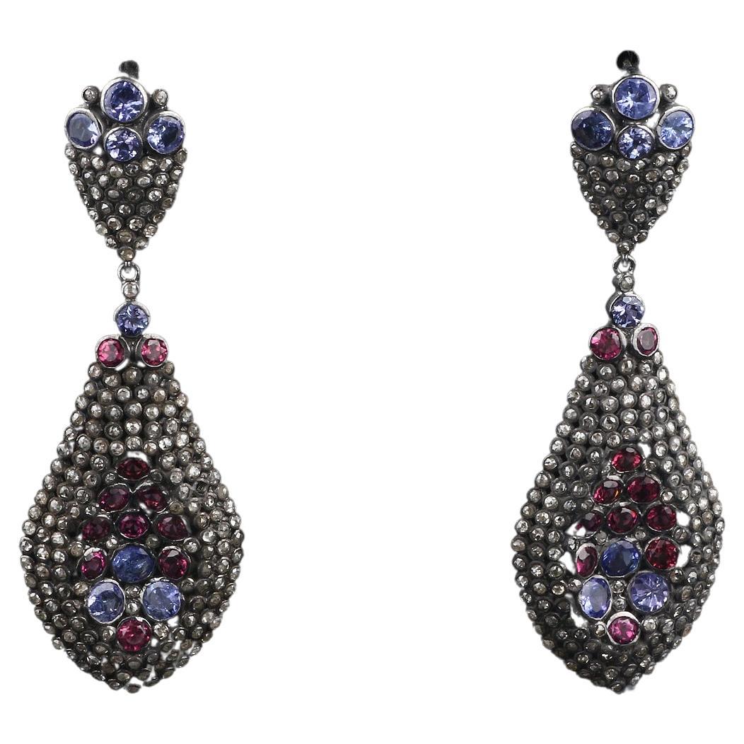 Victorian Style Diamond Silver Earrings, Tanzanite & Tourmaline Dangle Earrings For Sale