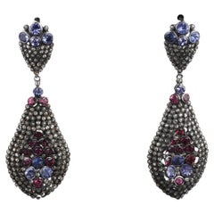 Pendants d'oreilles de style victorien en argent avec diamants, tanzanite et tourmaline