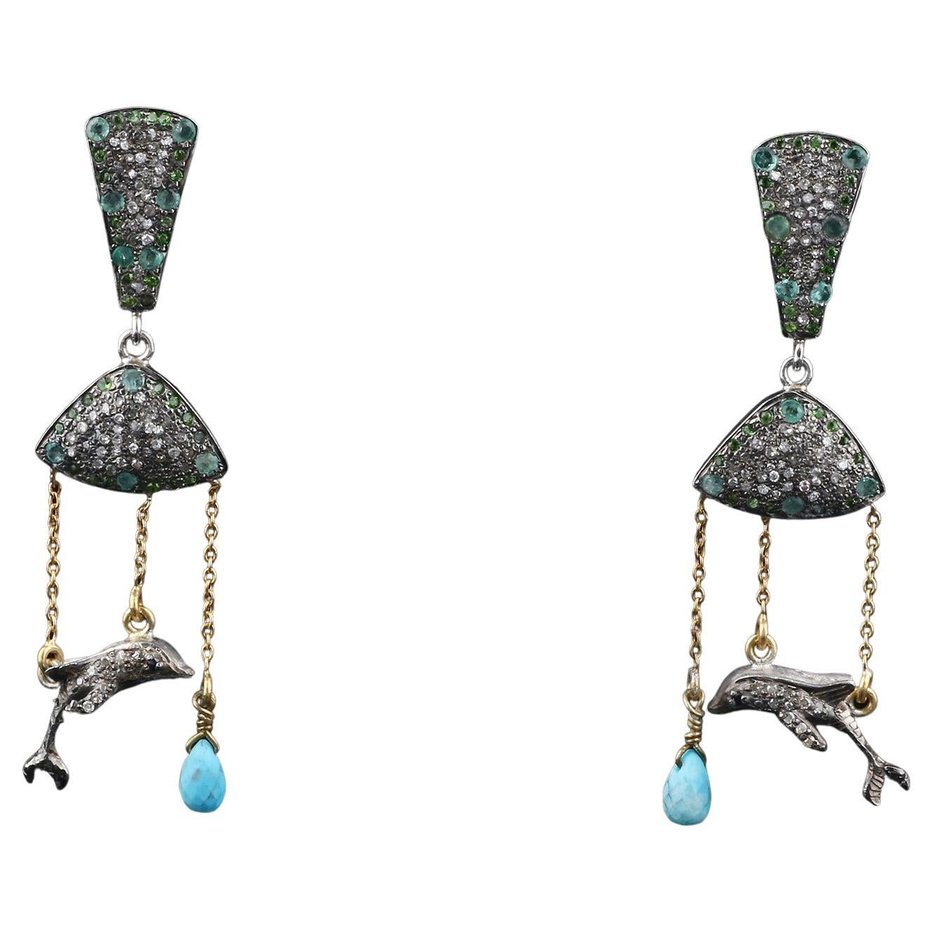 Victorian Style Diamond Silver Earrings, Turquoise Emerald Fish Dangle Earrings