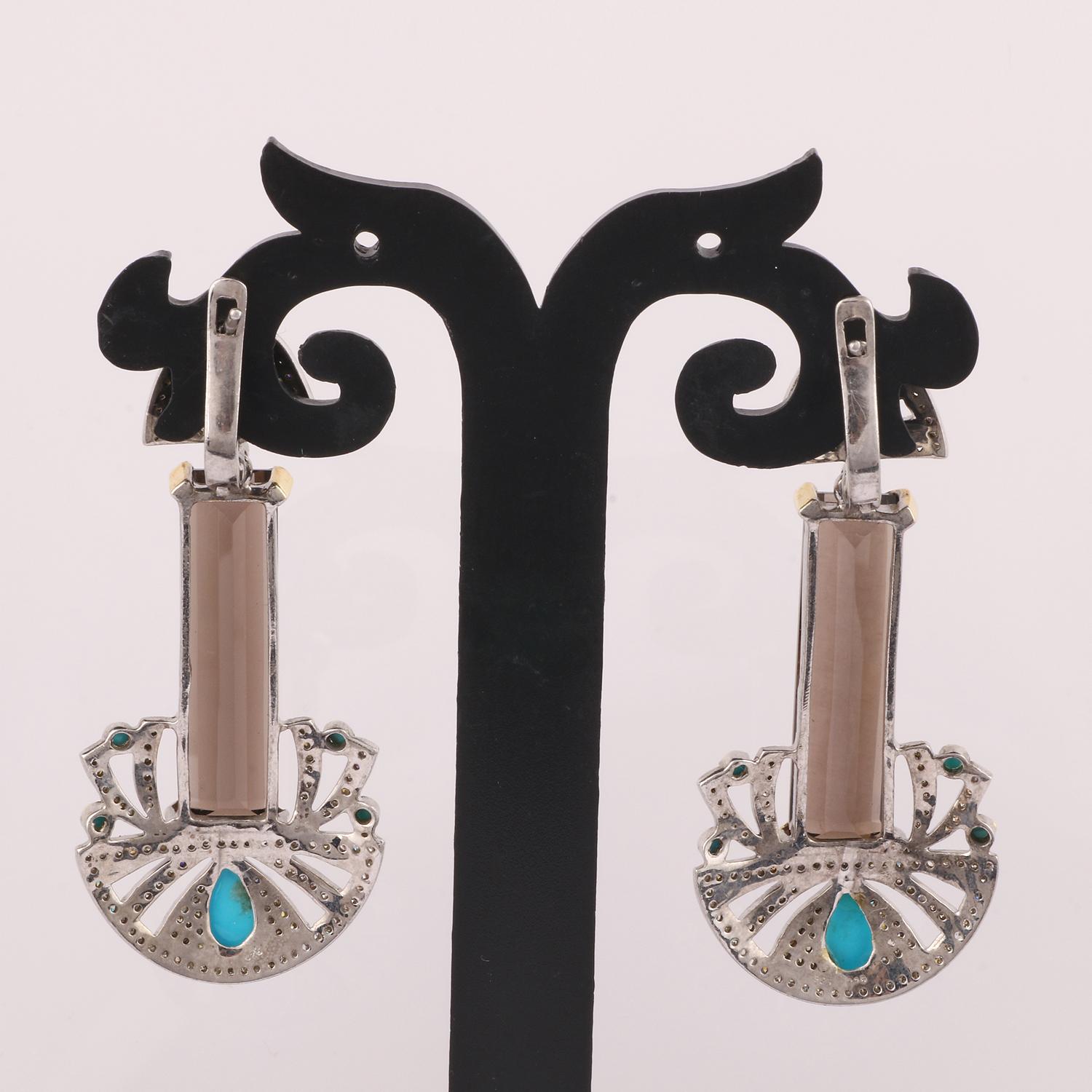 Round Cut Victorian Style Diamond Silver Earrings, Turquoise Smoky Quartz Dangle Earrings For Sale
