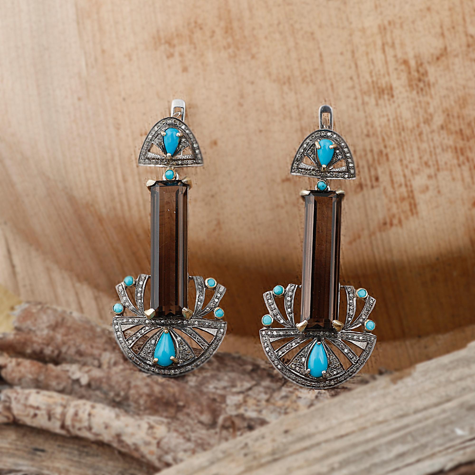 Victorian Style Diamond Silver Earrings, Turquoise Smoky Quartz Dangle Earrings In New Condition For Sale In Jaipur, RJ