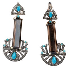 Victorian Style Diamond Silver Earrings, Turquoise Smoky Quartz Dangle Earrings