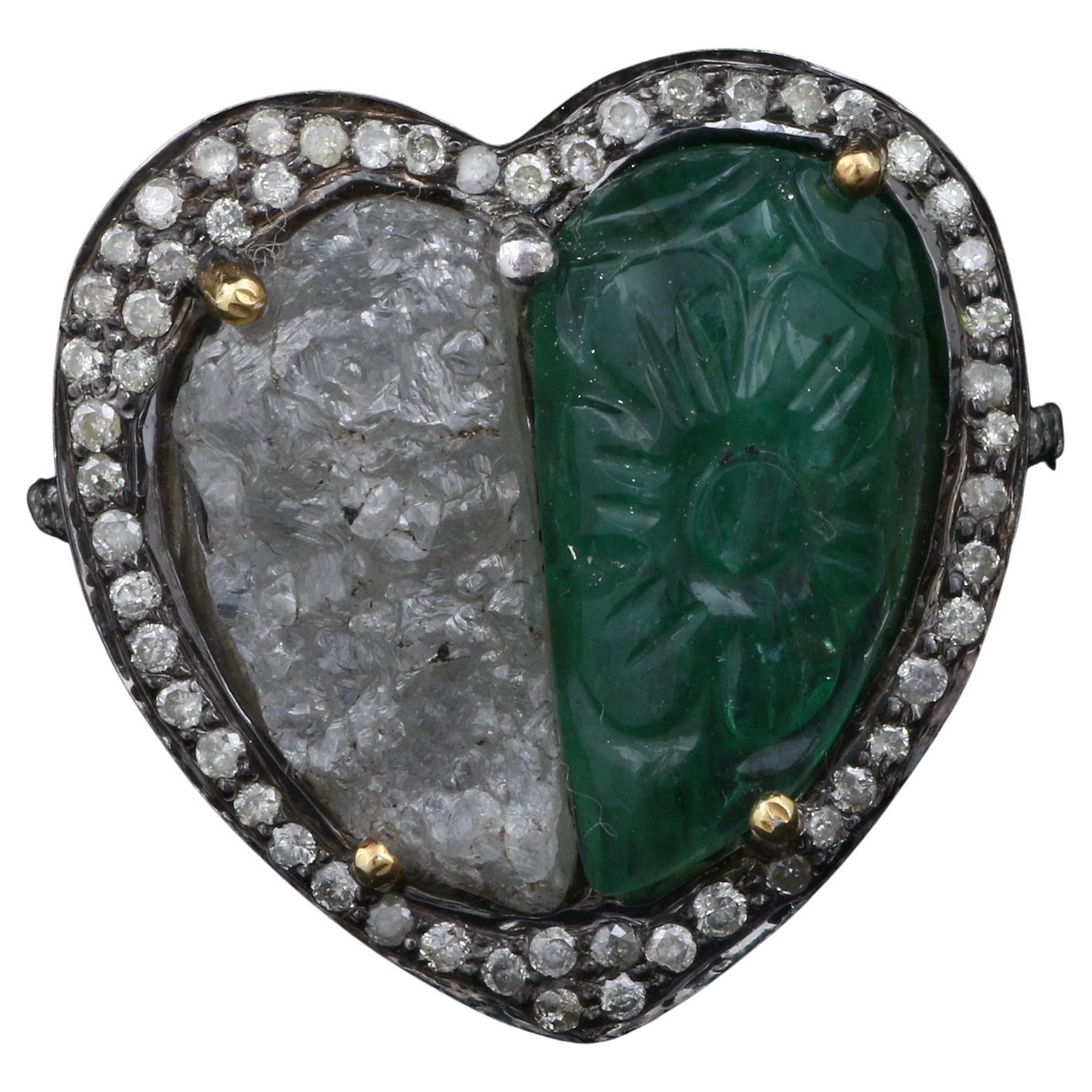 Victorian Style Diamond Silver Emerald Druzy Heart Shape Cocktail Ring For Sale