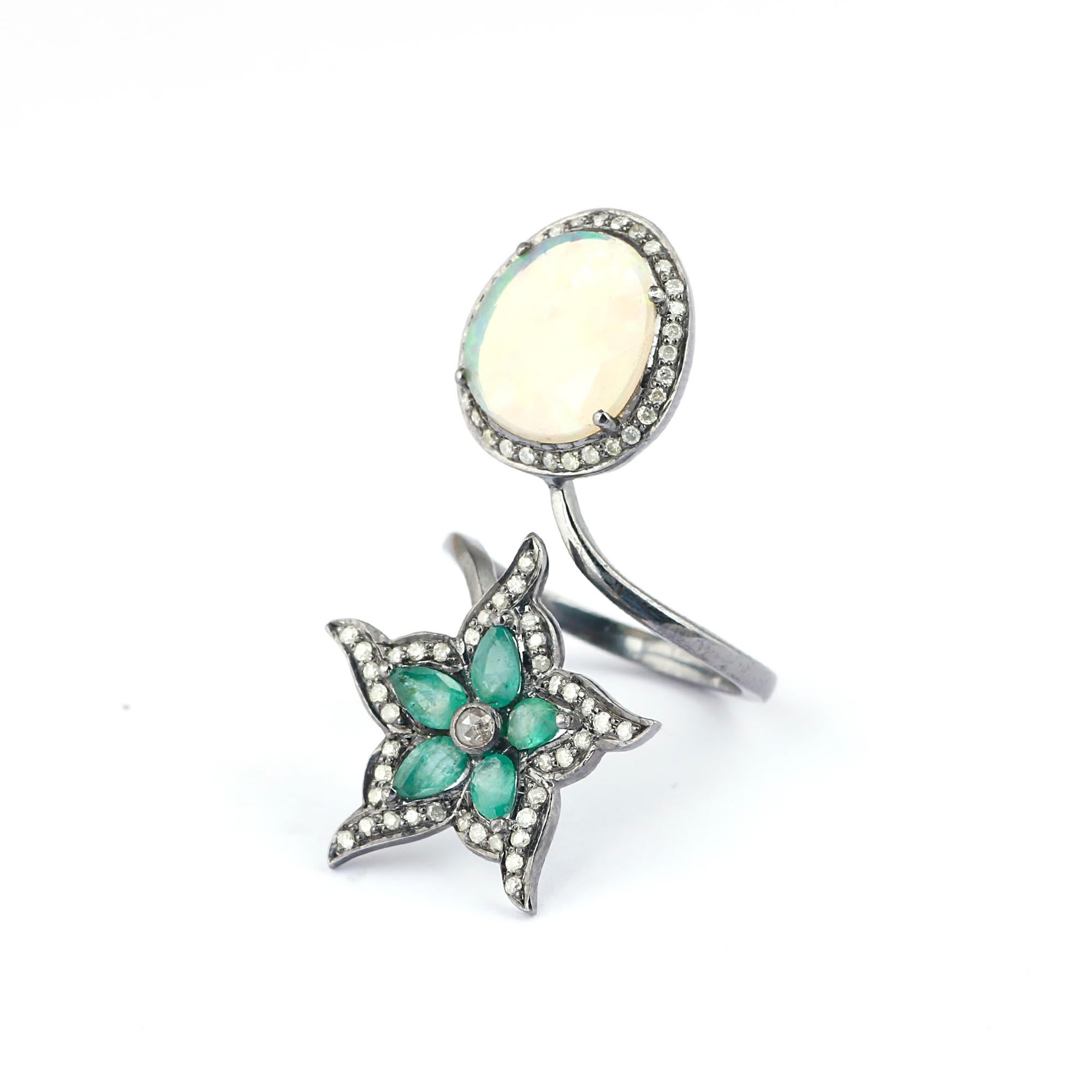 Victorian Style Diamond Silver Emerald & Ethiopian Opal Star Cocktail Ring For Sale 4