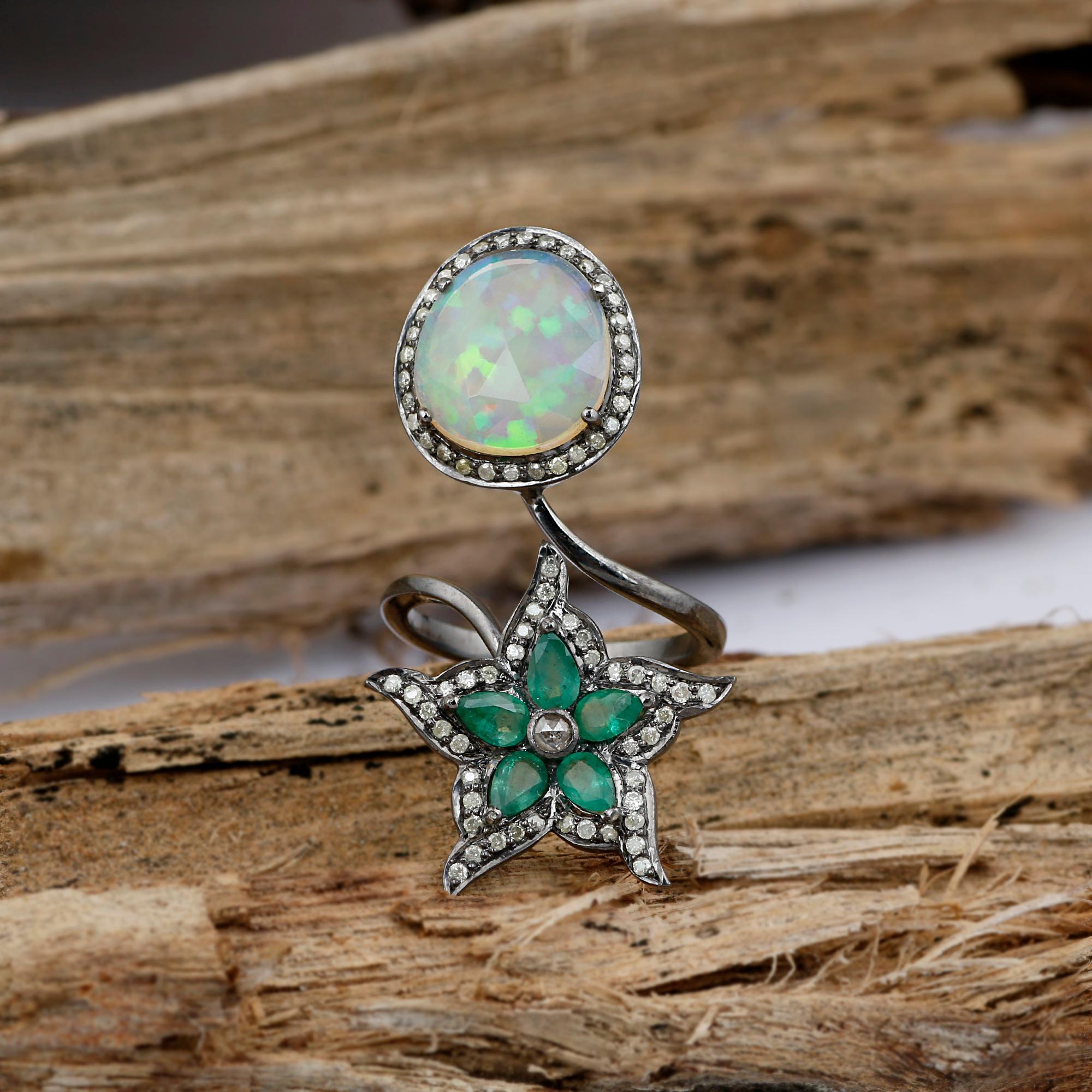 Victorian Style Diamond Silver Emerald & Ethiopian Opal Star Cocktail Ring For Sale 5